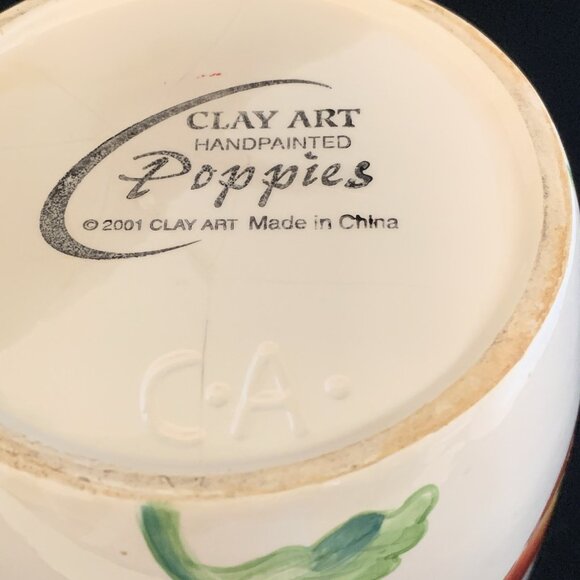 Poppies by Clay Art Hand Painted Oval Vase 7" 2001 Utensil Holder Pottery Vtg - Picture 10 of 12
